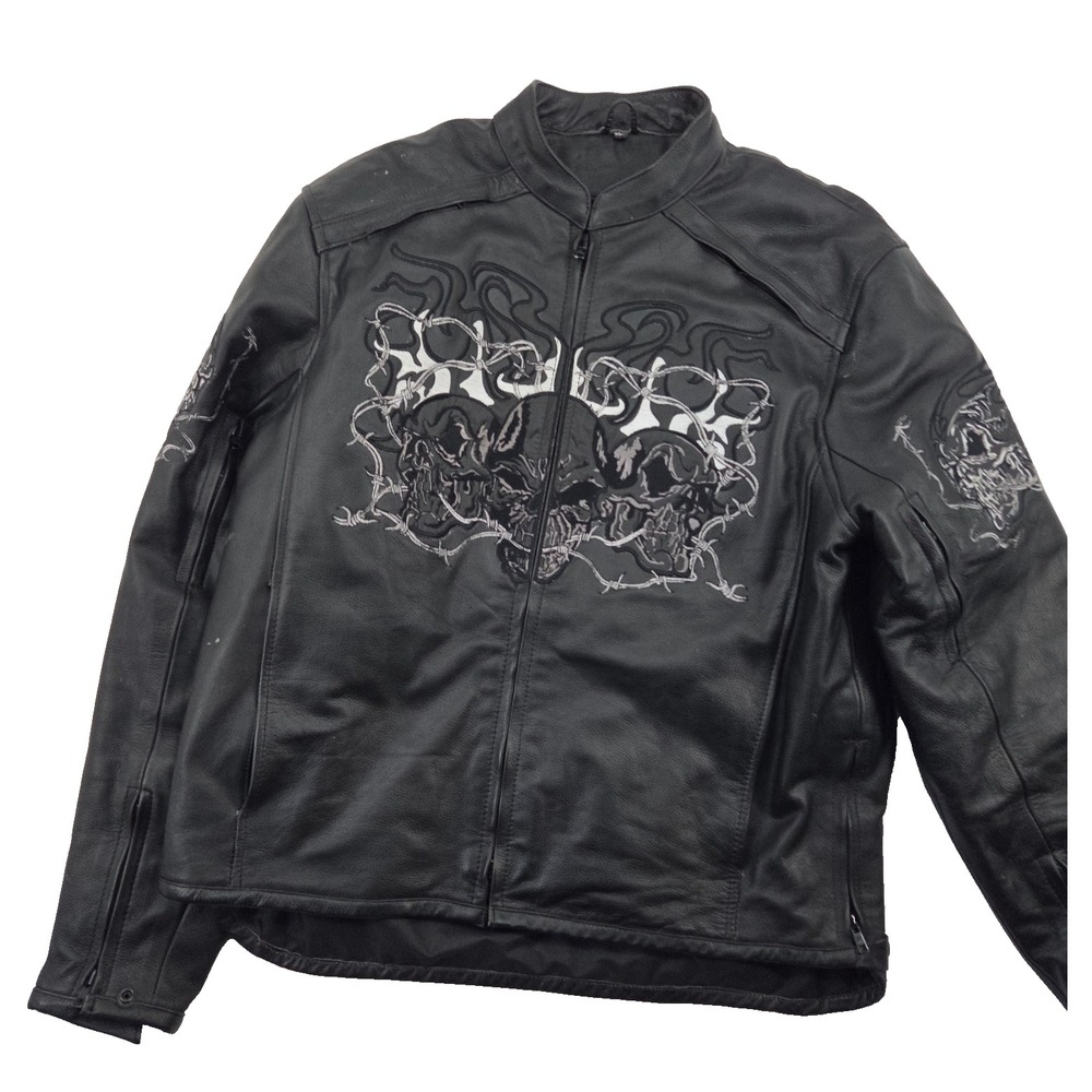 Xelement‎ Embroidered Motorcycle Jacket Triple Flaming Skulls Black Leather XL